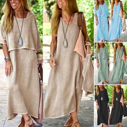 👗【49% popusta】Ženski elegantni dvodijelni set haljina od pamuka i lana u jednoj boji, okrugli izrez + ležerna široka maxi suknja za plažu