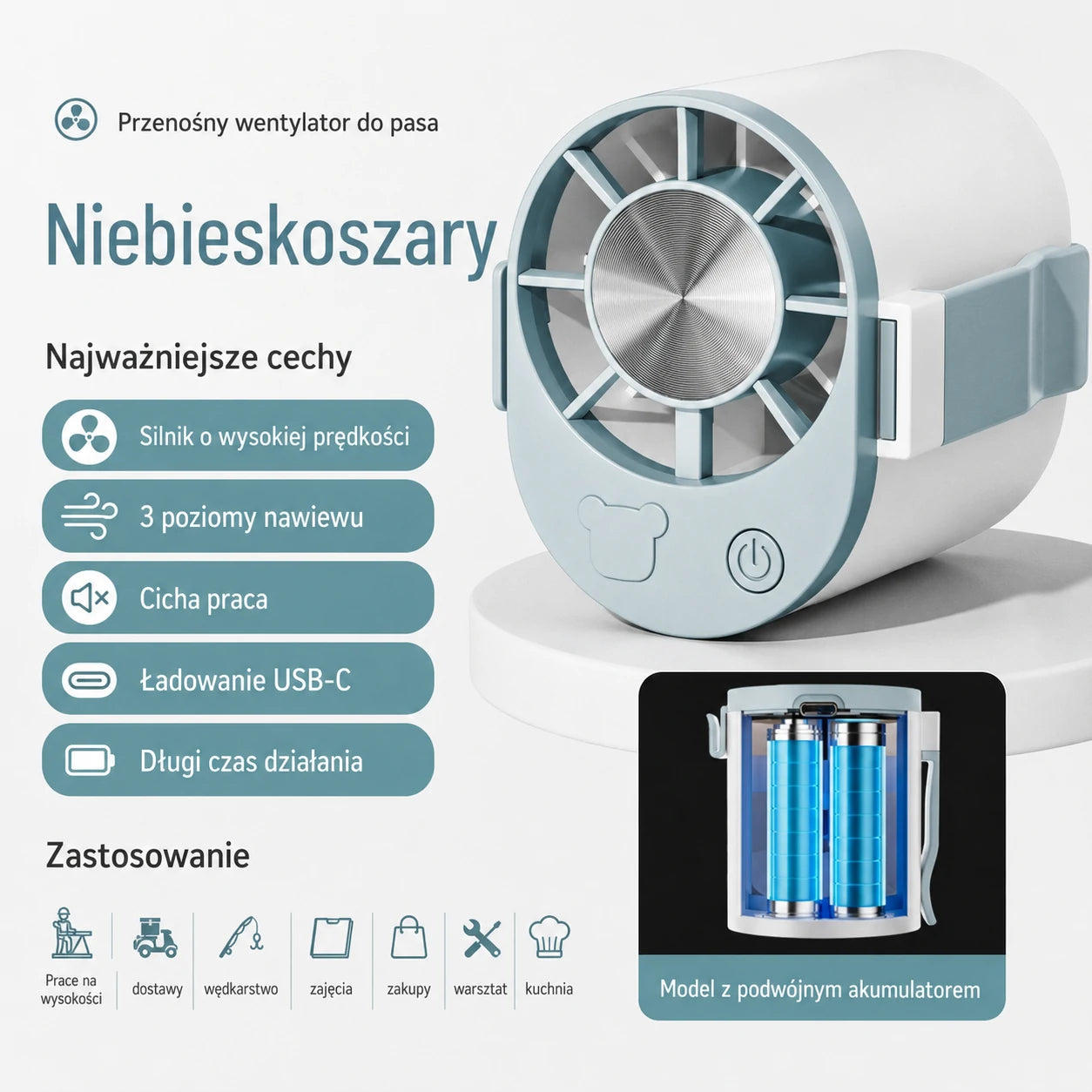 🔥【Kup 1, odbierz 1 gratis】🌀 Mini wentylator o dużej mocy, cichy, długi czas pracy, przypinany do paska, przewiewny, lekki do noszenia