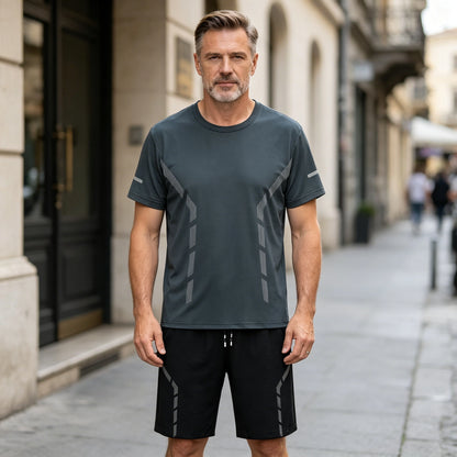 【L-5XL】Muško ljetno tanko elastično brzosušeće sportsko odijelo za trčanje i fitness - ledeno svileno mrežasto, kratke rukave i kratke hlače