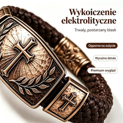 🎁Męska pleciona bransoletka skórzana z krzyżem i gałązką oliwną, vintage metal, wyjątkowy prezent