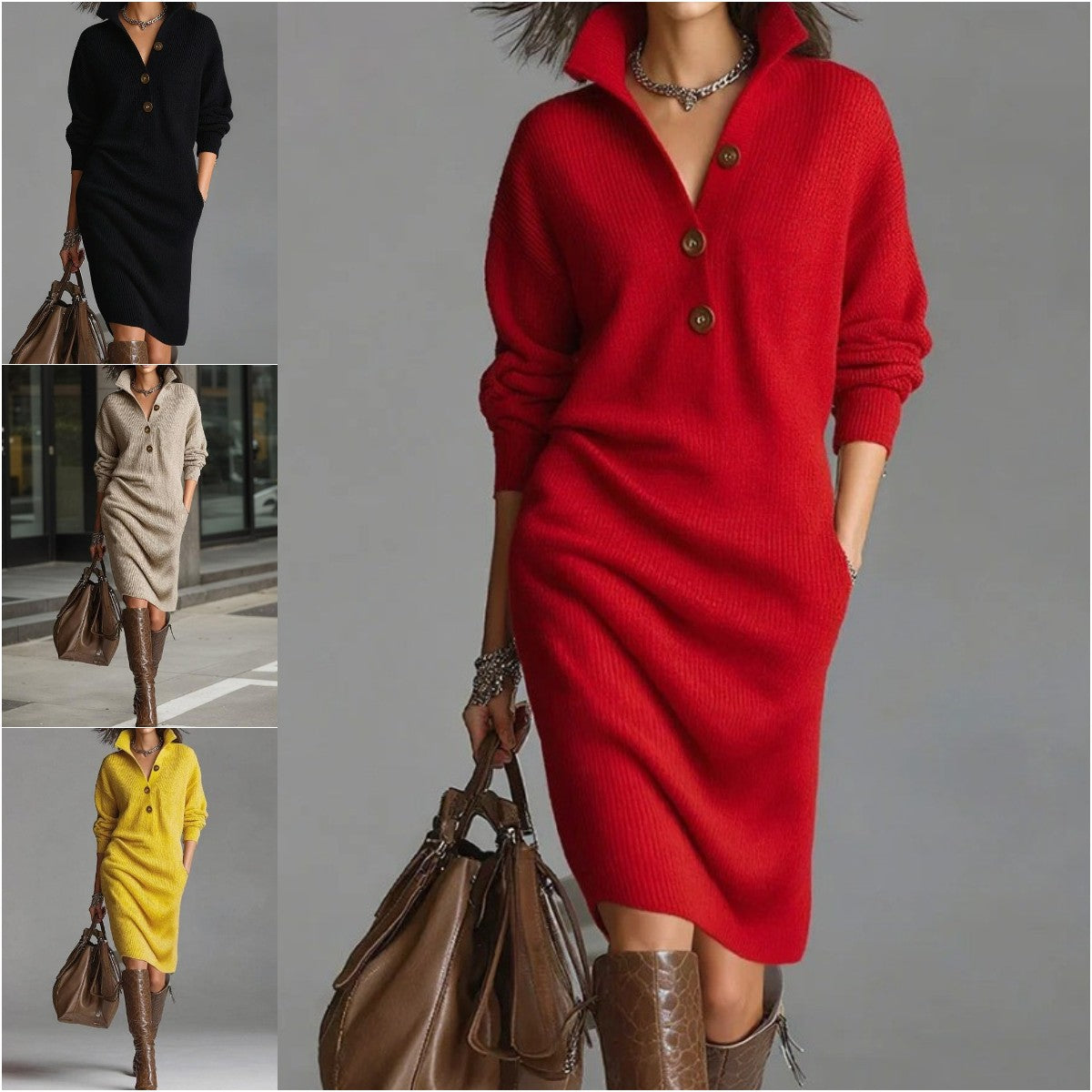 🔥【S-3XL】2025 Nowa europejska i amerykańska sukienka dzianinowa z kołnierzykiem w nowym stylu