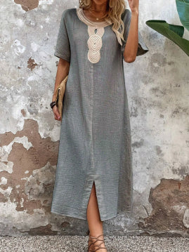 [S-3XL] Rochie nouă de vară, brodata, cu gât rotund, din bumbac și in, la modă și elegantă, confortabilă și respirabilă