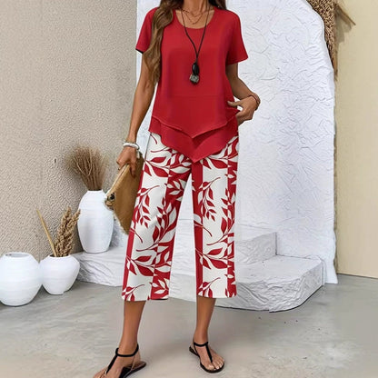 👗 SADA 50% POPUSTA 🌿 Ležerni komplet tunike s okruglim izrezom i slojevitih hlača širokih nogavica – Asimetrični rub, print i prozračne hlače ✨