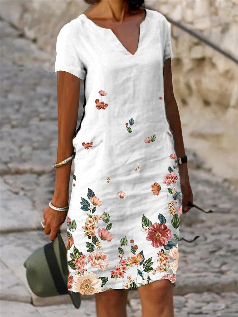 [Reducere 50%] [S-3XL] 🌺🦋2025 Rochie cu mânecă scurtă, decolteu în V, imprimeu floral și fluturi