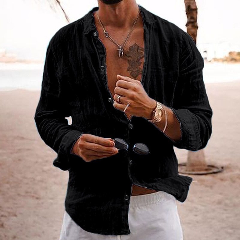 👔💖[Reducere 50%] [S-5XL] Cămașă bărbătească cu rever și nasturi, bumbac și in