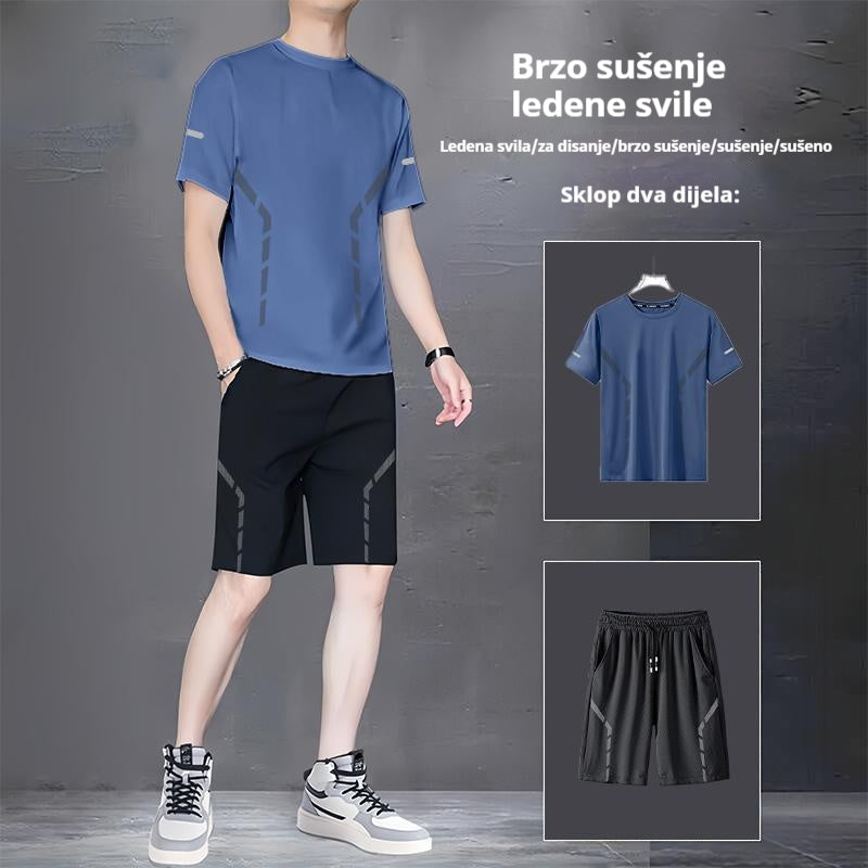 【L-5XL】Muško ljetno tanko elastično brzosušeće sportsko odijelo za trčanje i fitness - ledeno svileno mrežasto, kratke rukave i kratke hlače