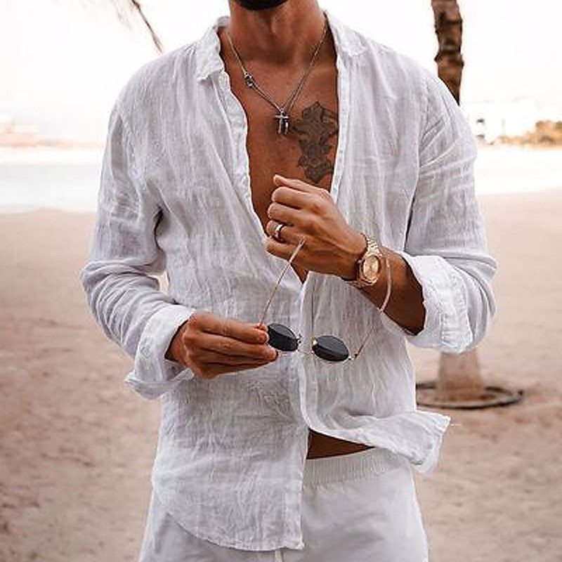 👔💖[Reducere 50%] [S-5XL] Cămașă bărbătească cu rever și nasturi, bumbac și in