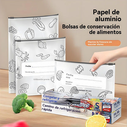 🥩【60 Piezas】Bolsa Sellada de Papel de Aluminio de Grado Alimenticio con Cremallera para Conservar la Frescura para Uso en Refrigeradores Domésticos