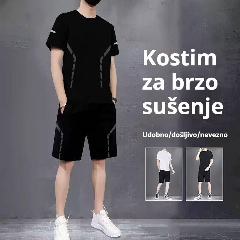 【L-5XL】Muško ljetno tanko elastično brzosušeće sportsko odijelo za trčanje i fitness - ledeno svileno mrežasto, kratke rukave i kratke hlače
