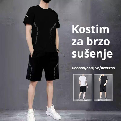 【L-5XL】Muško ljetno tanko elastično brzosušeće sportsko odijelo za trčanje i fitness - ledeno svileno mrežasto, kratke rukave i kratke hlače