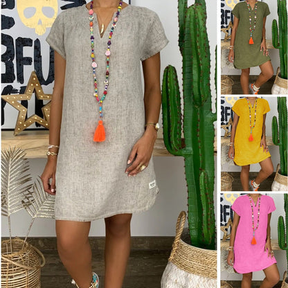 💥Ofertă limitată în timp💥【S-5XL】💐Rochie midi confortabilă din bumbac și in, cu decolteu în V, la modă și confortabilă, nou-venită