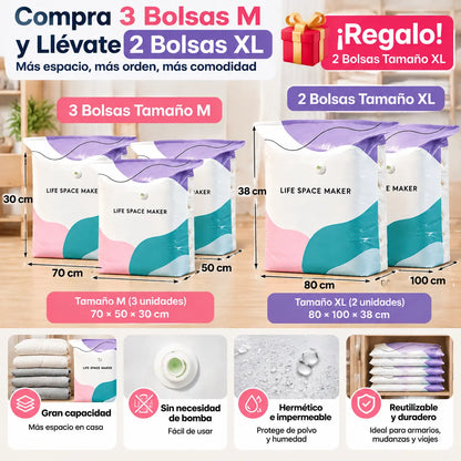 🧳 Pack de 5【Compra 3 y Llévate 2 GRATIS】Bolsas de Almacenaje al Vacío para Ropa, Sin Bomba, Bolsas Cúbicas Grandes para Ahorrar Espacio en Organizar Armarios, Viajes y Mudanzas