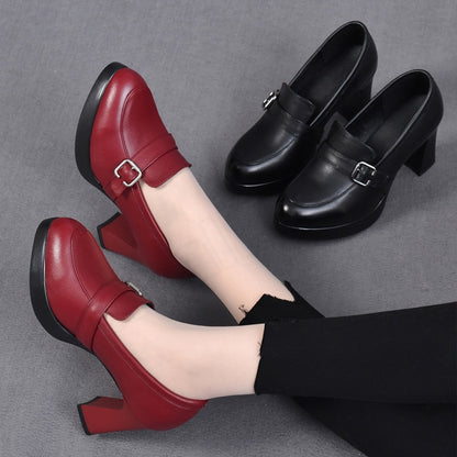 🔥【Rabat 50%】👠【35-40】2026 Nowe skórzane buty na grubym obcasie na grubym obcasie. Modne damskie buty na wysokim obcasie