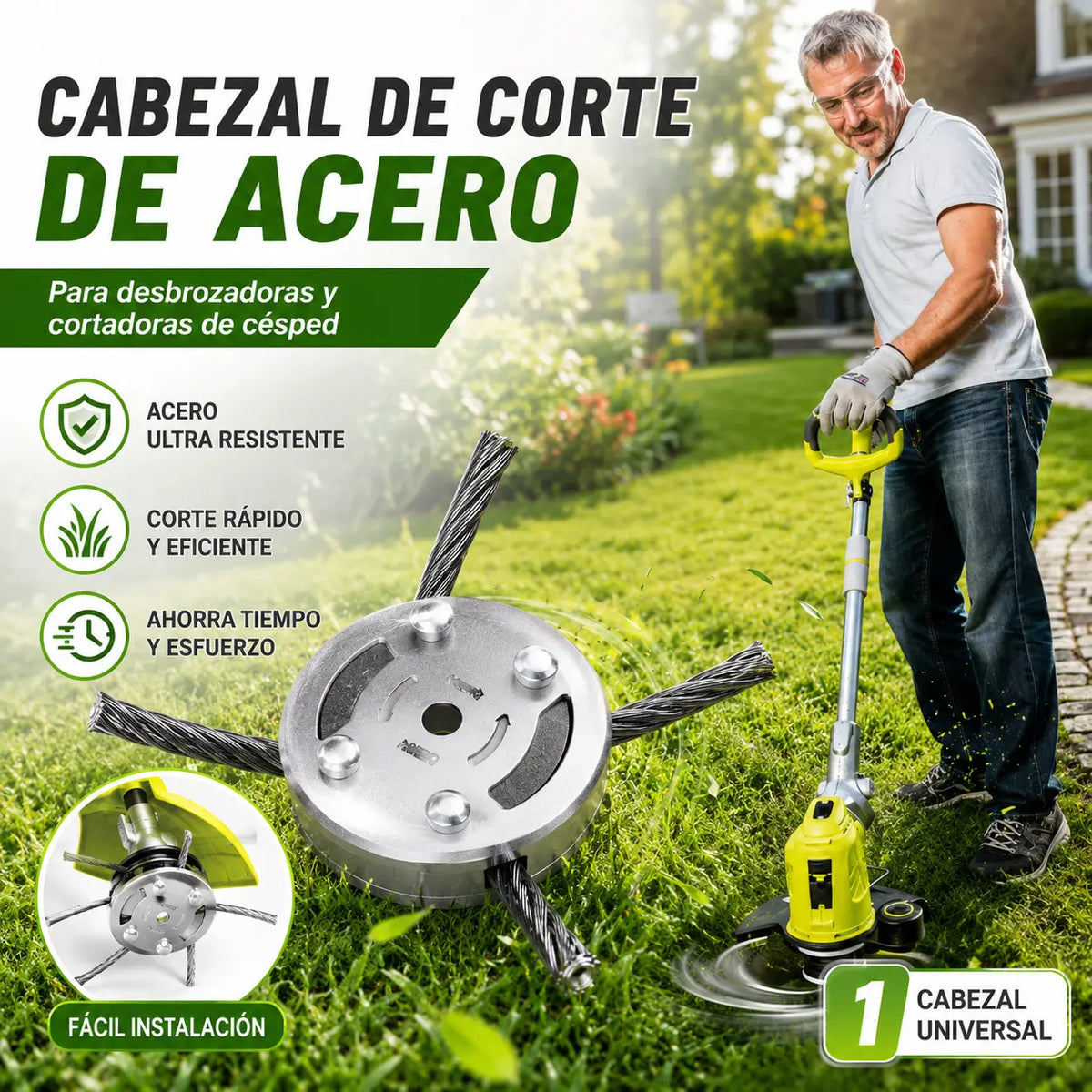 🔥✨【Compra 1 y llévate 1 gratis：2 piezas】🔥 Cabezal de corte reemplazable para cortacésped/desbrozadora - cabezal de corte de acero para cortar césped 🌿✂️⚙️