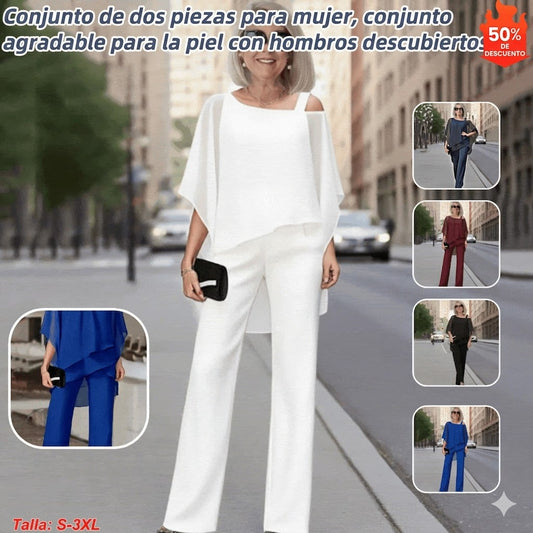 ⏳ Časovo obmedzená ponuka ⏰【50–120 kg】👚👖 Dvojdielny set pre ženy, z jemnej látky s odhalenými ramenami ✅【Blúzka + nohavice】