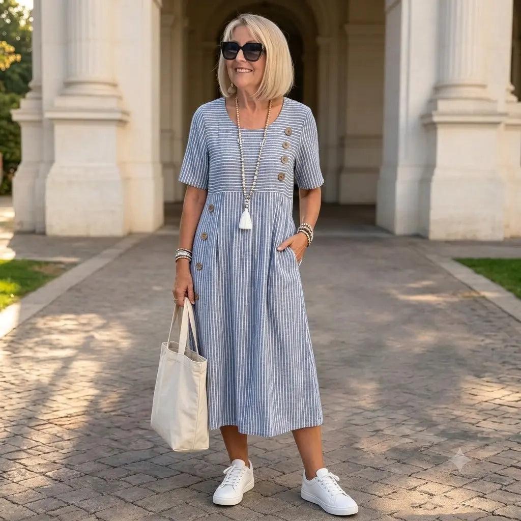 👗🏕️【S-2XL】Júlia – Ľahké a vzdušné pruhované midi šaty