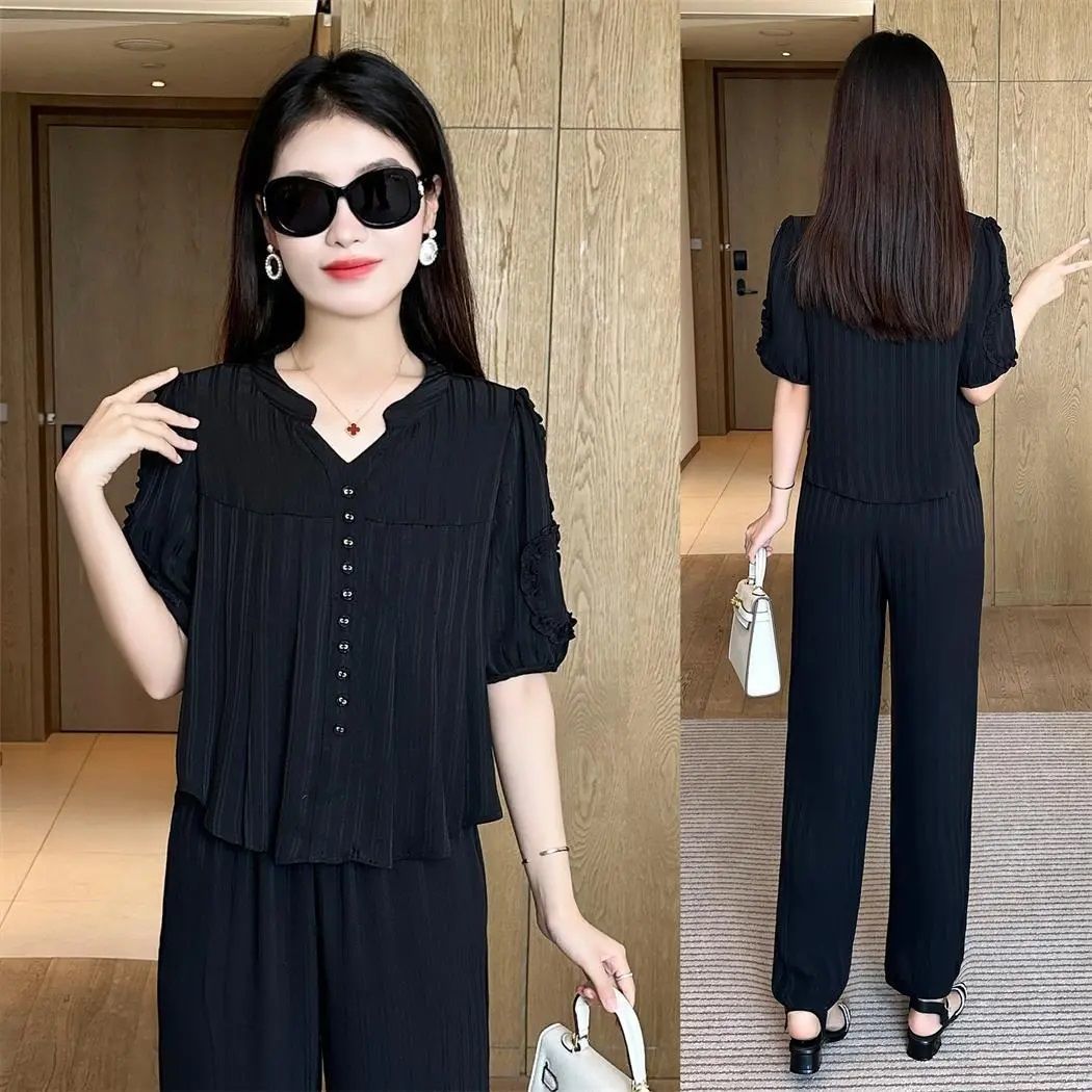 💥🔥【Top + pantaloni】【Cumpără 1 primești 1 gratis】【40-80kg】2025 Noua modă leisure Ice Silk Suit Costum din două piese pentru femei