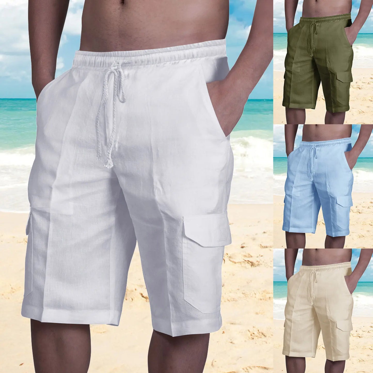 👖⛵ 50% zniżki 🔥【50–100 kg】Męskie lniane spodenki cargo ze ściągaczami i wieloma kieszeniami ✅️Płatność przy odbiorze