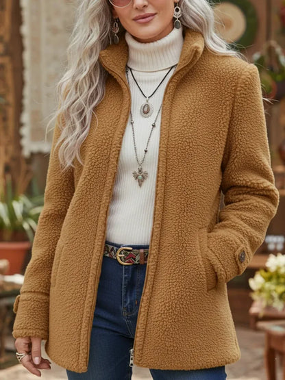 🛒【S-3XL】Zimní dámská stojáček s jednobarevným volným ležérním módním dlouhým rukávem s fleecovou bundou na zip