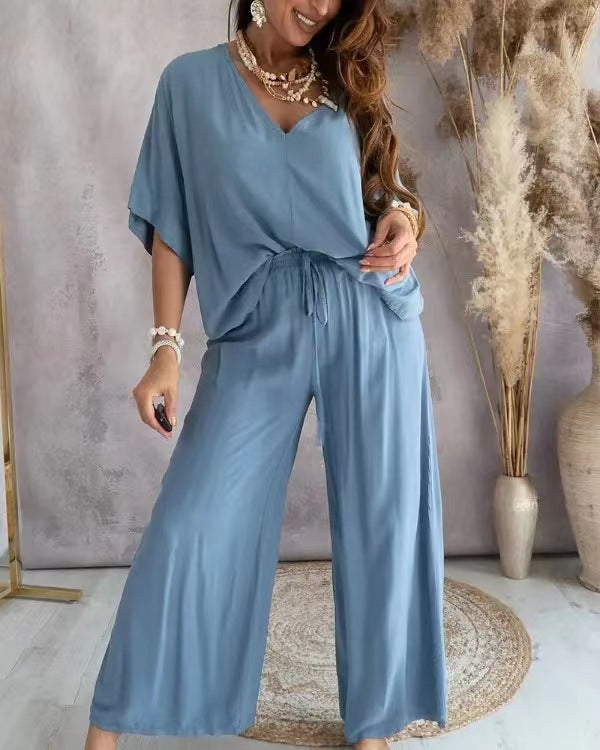 💕🥰【S-3XL】Ženski komplet od majice kratkih rukava s V-izrezom i hlača širokih nogavica, moderan i elegantan, jednostavan i velikodušan jednobojni dizajn.