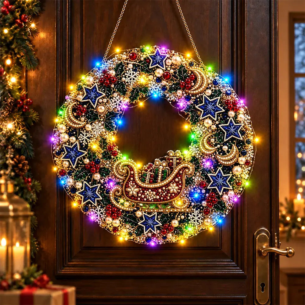 🎄 Świąteczna korona DIY z diamentami, perłami i światłami LED! Wytrzymała płyta akrylowa・9 świątecznych wzorów・Idealna dekoracja drzwi, ścian i okien
