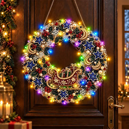 🎄 Świąteczna korona DIY z diamentami, perłami i światłami LED! Wytrzymała płyta akrylowa・9 świątecznych wzorów・Idealna dekoracja drzwi, ścian i okien