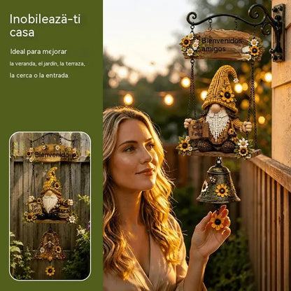 Campana de bienvenida con gnomo de jardín, placa de "Bienvenido", campana de bronce retro, soporte de pared de hierro, decoración para patio y jardín.