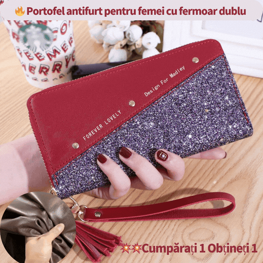 🔥 Portofel antifurt pentru femei cu fermoar dublu 💥 Ambreiaj de mare capacitate 3910631