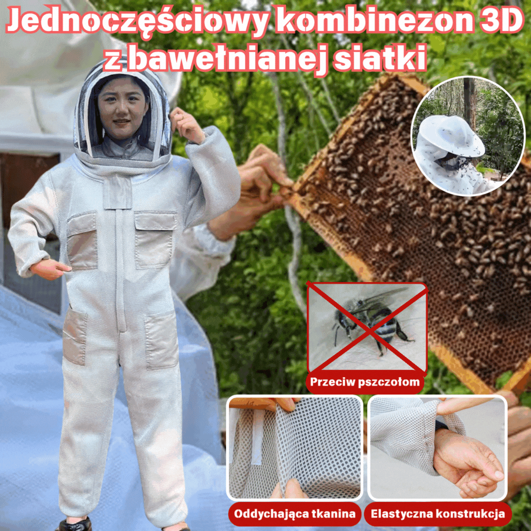 🐝 Jednoczęściowy kombinezon ochronny z siatki bawełnianej 3D skutecznie chroni przed użądleniami pszczół.