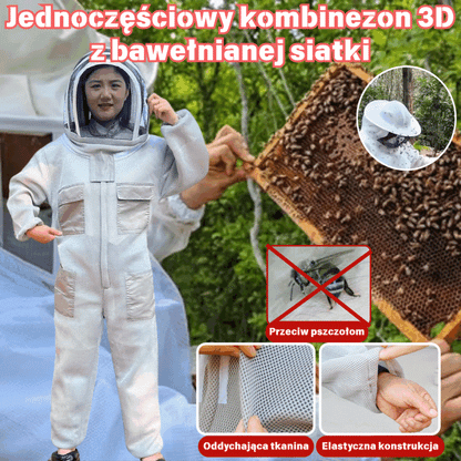 🐝 Jednoczęściowy kombinezon ochronny z siatki bawełnianej 3D skutecznie chroni przed użądleniami pszczół.
