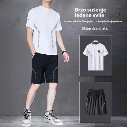 【L-5XL】Muško ljetno tanko elastično brzosušeće sportsko odijelo za trčanje i fitness - ledeno svileno mrežasto, kratke rukave i kratke hlače