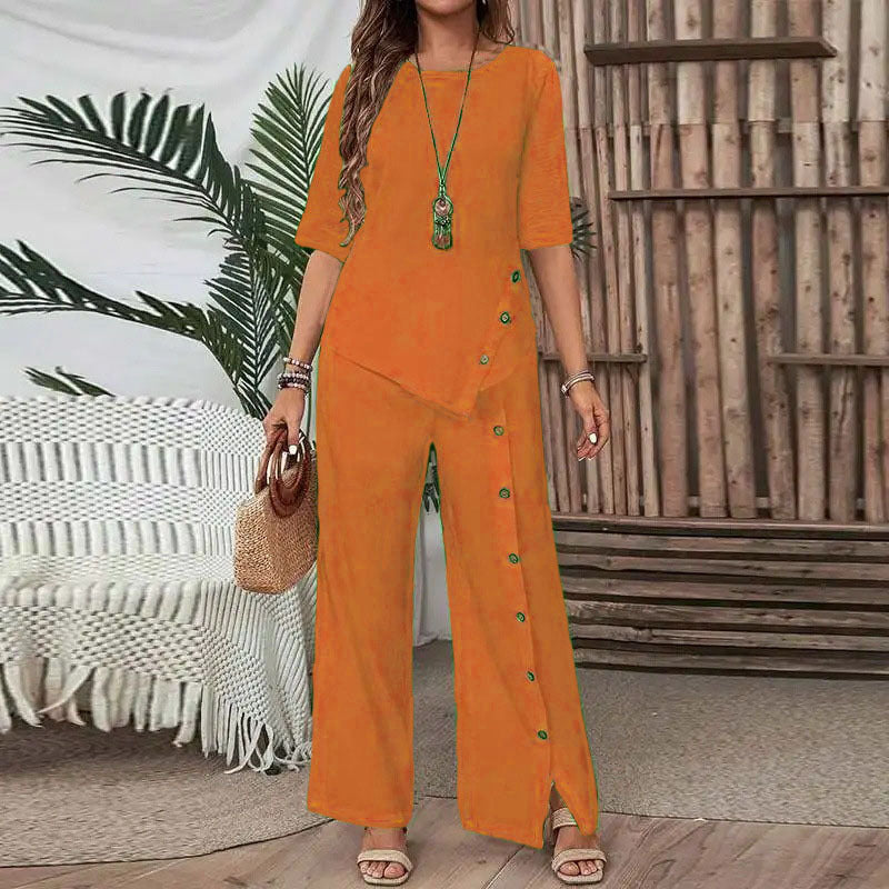 💐【S-5XL】Novi ženski dvodijelni set s nepravilnim rubom, elegantne, moderne, ležerne hlače na kopčanje, širokog kroja.