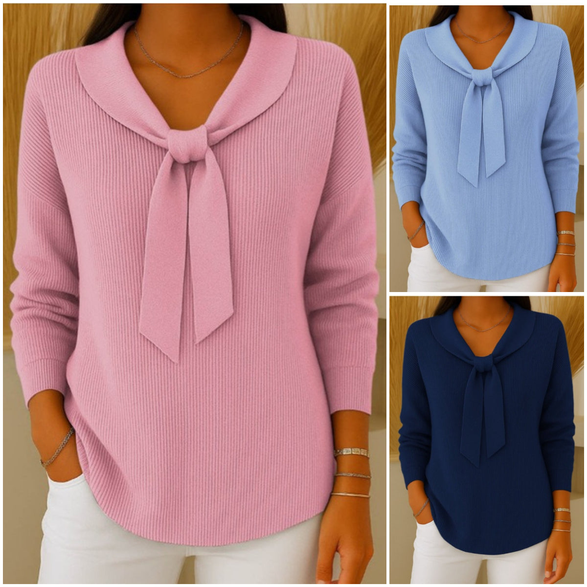 🎀【S~5XL】Ženski jednobojni pulover s dugim rukavima i kravatom, ležeran i širok