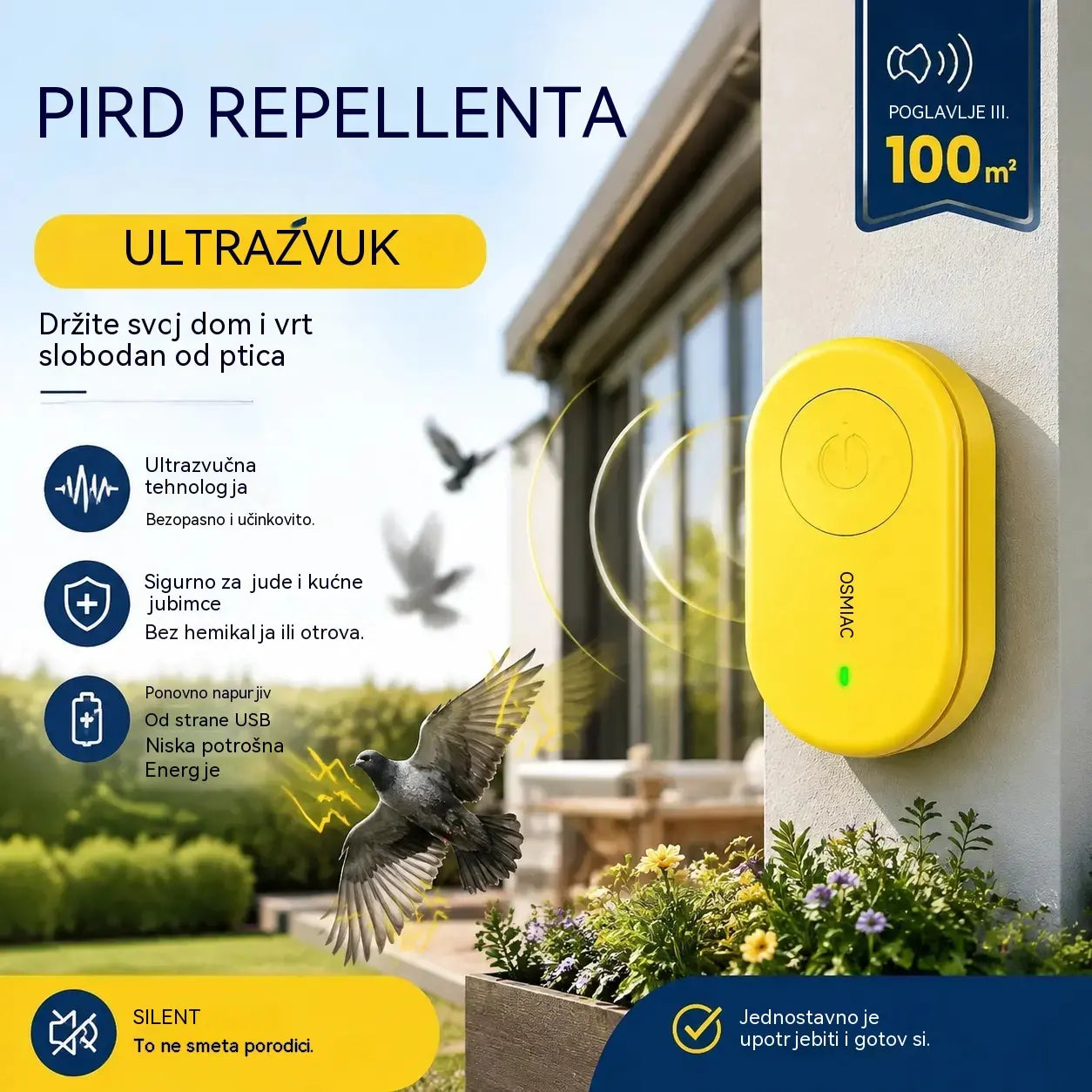 🐦 Prijenosni ultrazvučni repelent za ptice | Automatski repelent za golubove, pogodan za balkone, vrtove i vanjske prostore.