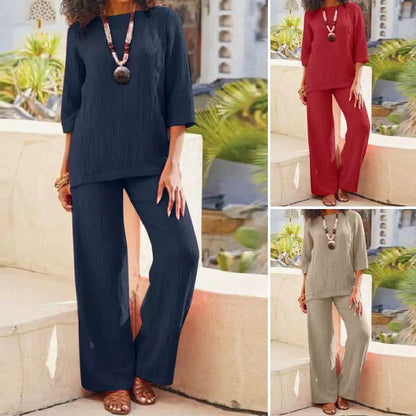 【S-5XL】💗Elegantni i moderan, jednobojni top u kombinaciji sa širokim hlačama, dvodijelni set za veće veličine.