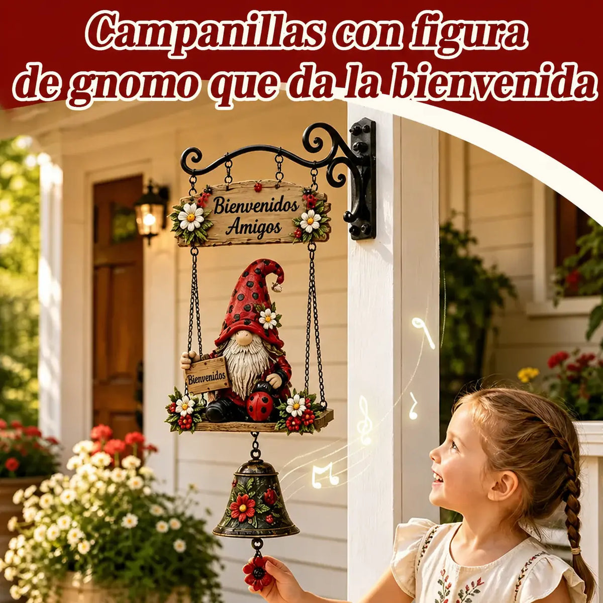 Campana de bienvenida con gnomo de jardín, placa de "Bienvenido", campana de bronce retro, soporte de pared de hierro, decoración para patio y jardín.