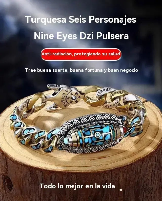 ✨Pulsera retro con turquesa, mantra y cuentas colgantes de plata 925