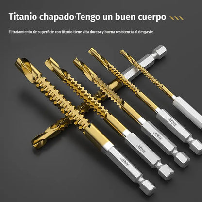 🛠️🔧(6 piezas)Broca helicoidal de acero de alta velocidad con revestimiento de titanio 2 en 1 – Vástago hexagonal, adecuada para taladrar y ranurar madera y metal🔩