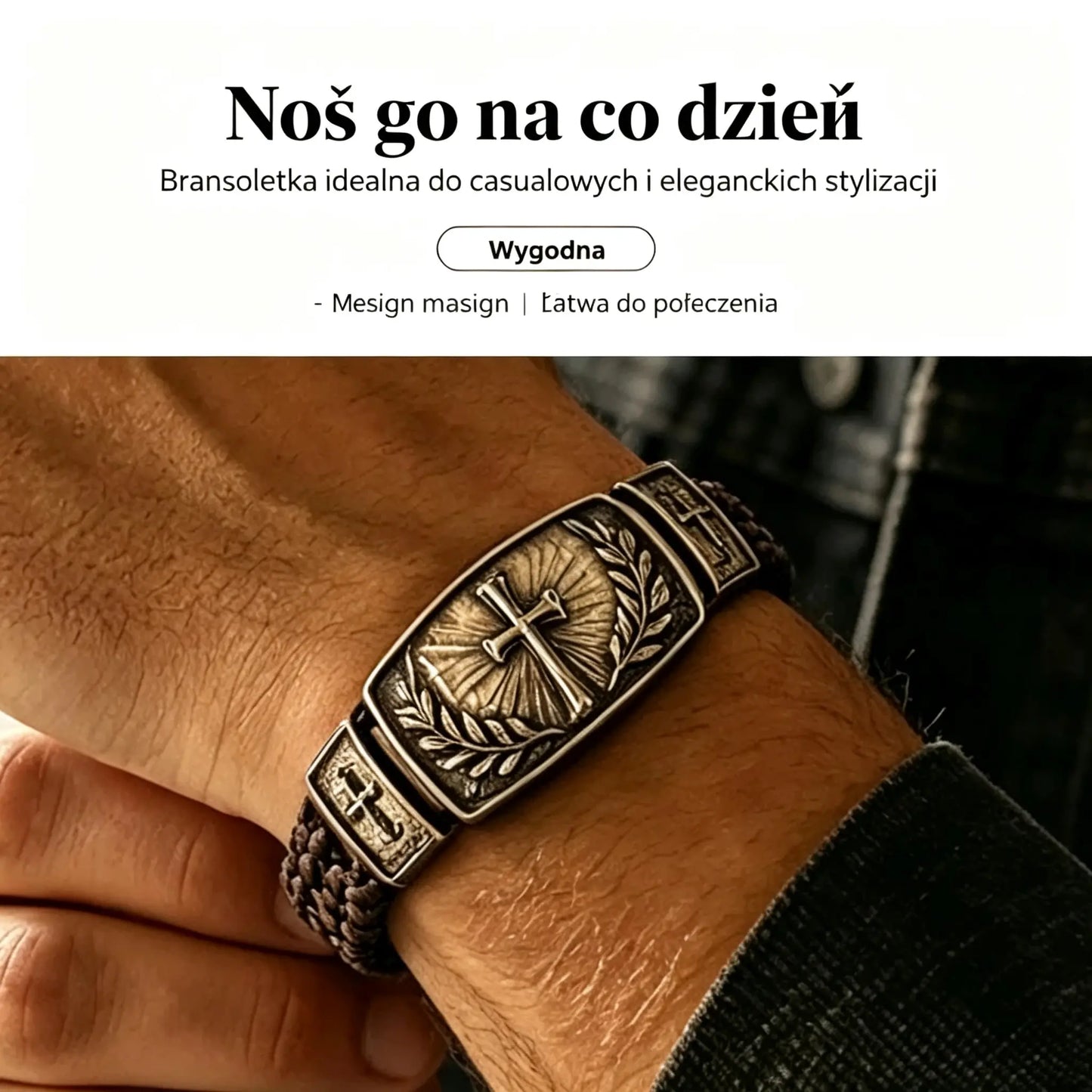 🎁Męska pleciona bransoletka skórzana z krzyżem i gałązką oliwną, vintage metal, wyjątkowy prezent