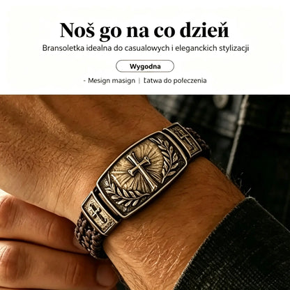 🎁Męska pleciona bransoletka skórzana z krzyżem i gałązką oliwną, vintage metal, wyjątkowy prezent