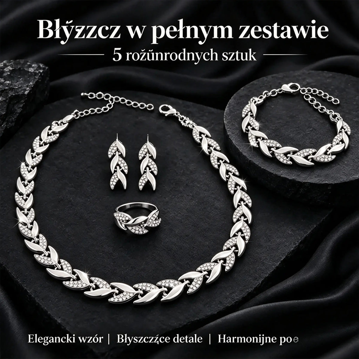 ✨💎Zestaw biżuterii damskiej 4 elementy: naszyjnik, bransoletka, pierścionek, kolczyki, wzór liści, wysadzane cyrkonią