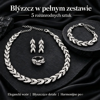 ✨💎Zestaw biżuterii damskiej 4 elementy: naszyjnik, bransoletka, pierścionek, kolczyki, wzór liści, wysadzane cyrkonią