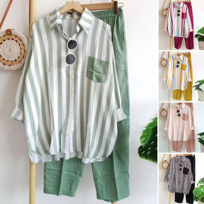 🌸【S-5XL】Nueva conjunto de primavera a rayas, conjunto de dos piezas con mangas largas y pantalones.