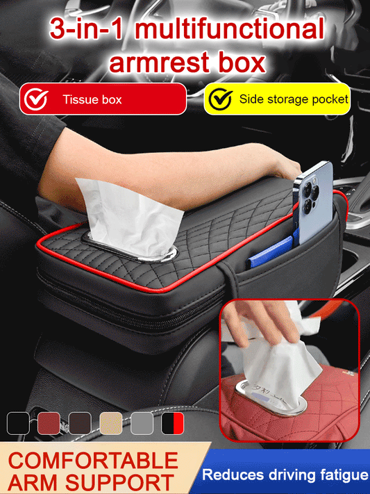 Multifunkčný kožený box na lakťovú opierku do auta tri v jednom