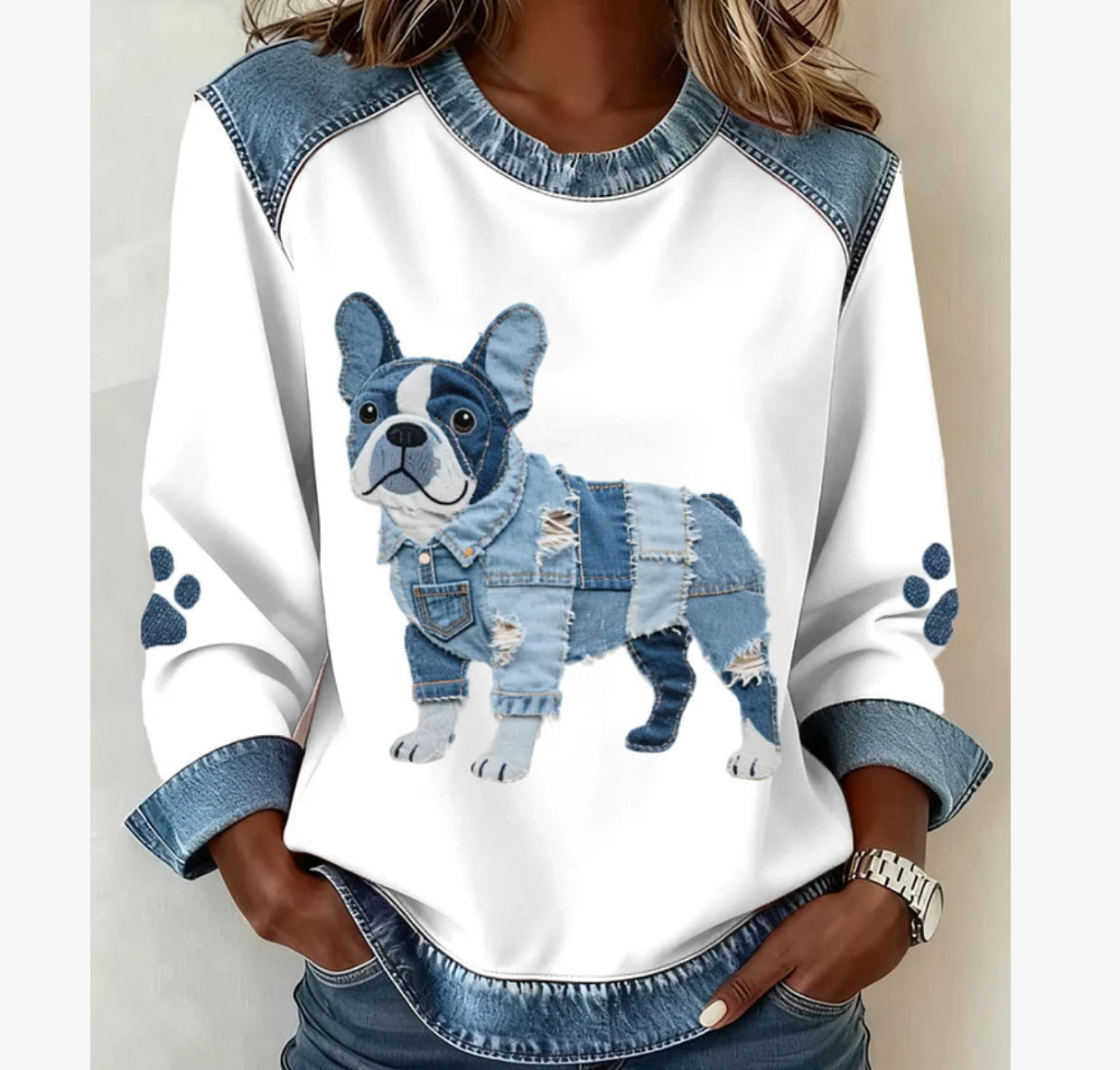 🔥【Vremenski ograničena ponuda】【S-5XL】Nova ženska modna traper majica s patchwork uzorkom, okrugli izrez i dugi rukavi s printom