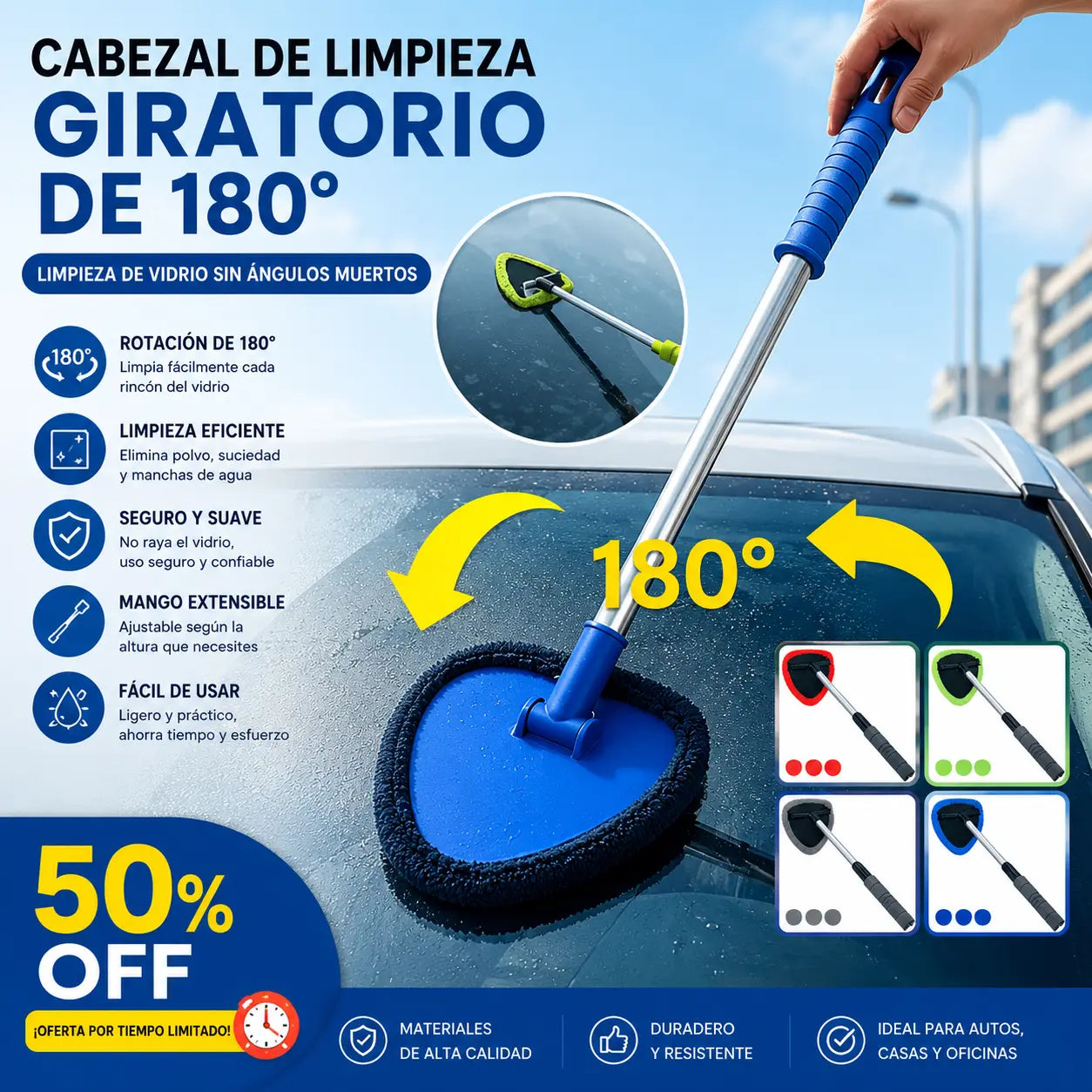 🎁【1 pieza de plástico triangular + 4 fundas de tela】Kit de limpieza de parabrisas de coche - extensible y giratorio 180°