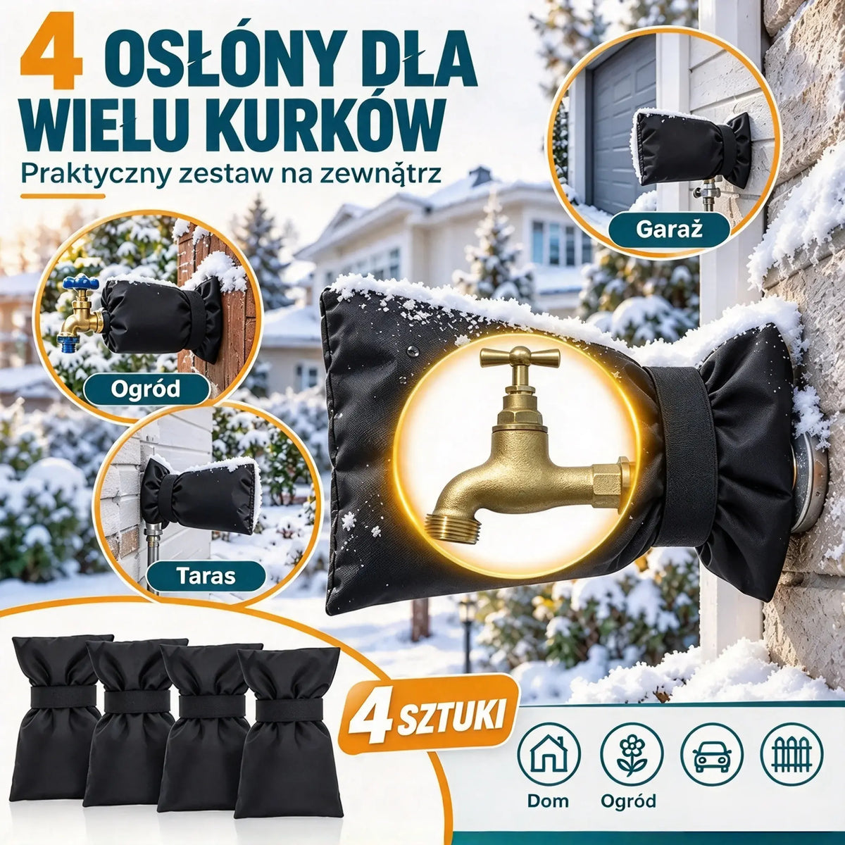 🧊【4 sztuki】🚰 Osłona na zewnętrzny kran ogrodowy | Gruba izolacja termiczna i wodoodporność | Ochrona przed mrozem w ogrodzie i na tarasie ❄️