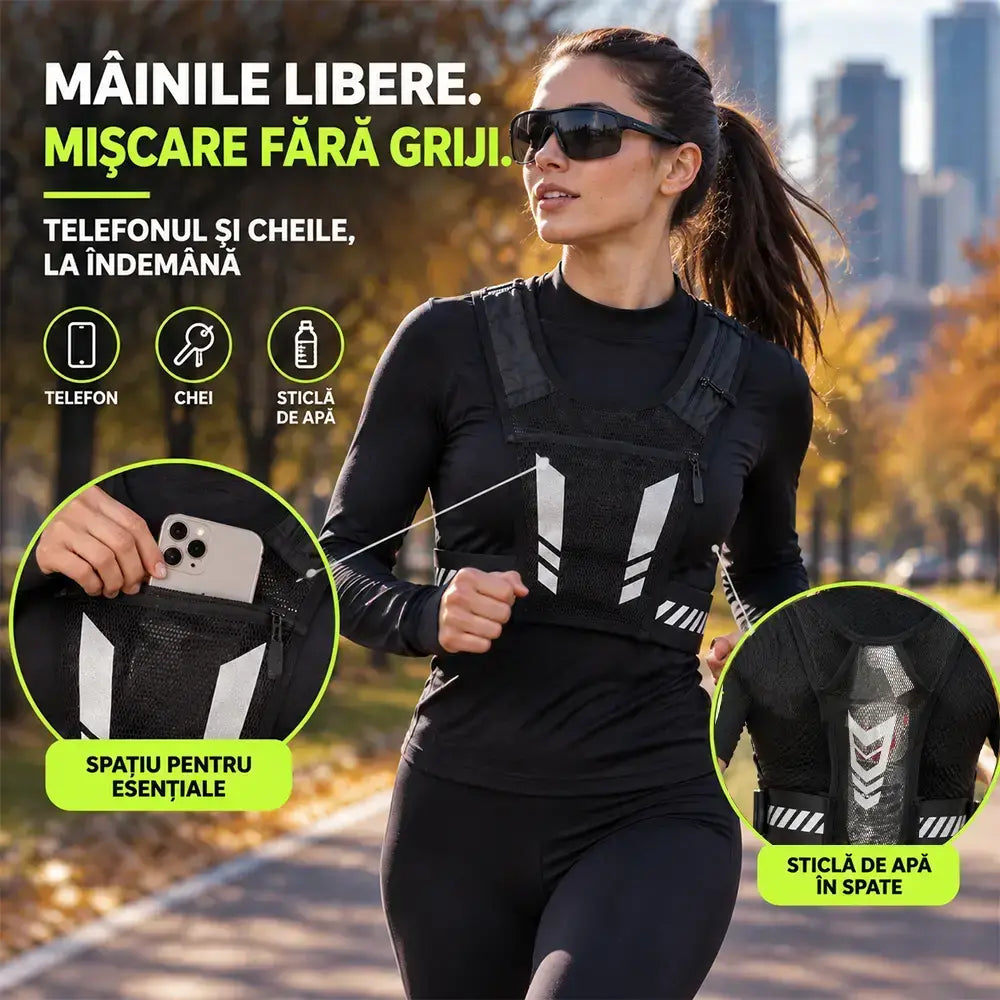 🏃 Chaleco para correr y practicar deportes con bolsillo frontal · Compartimento para el móvil con cremallera · Soporte trasero para botella de agua · Detalles reflectantes para la noche · ¡Malla transpirable y correas ajustables!