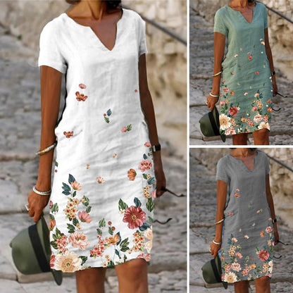 [Reducere 50%] [S-3XL] 🌺🦋2025 Rochie cu mânecă scurtă, decolteu în V, imprimeu floral și fluturi