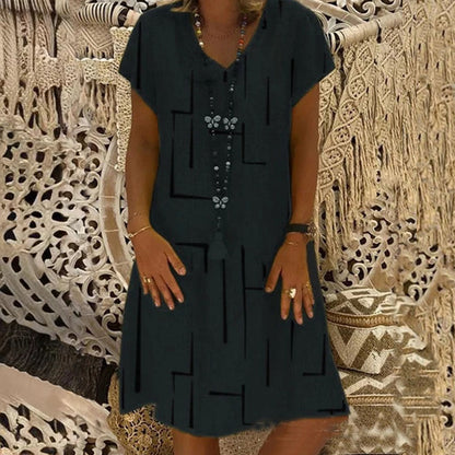 🔥✨【S-5XL】Rochie nouă din bumbac și in, cu decolteu în V, cu imprimeu ✅Prăgător cu pielea și moale✅La modă și casuale